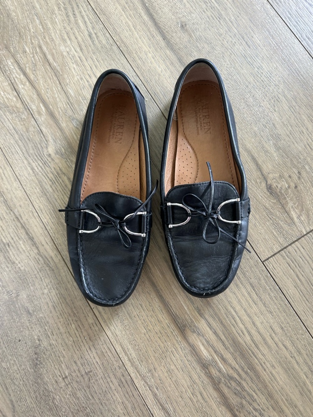 Lauren Ralph Lauren Black Leather Loafers with Silver Bit Detail